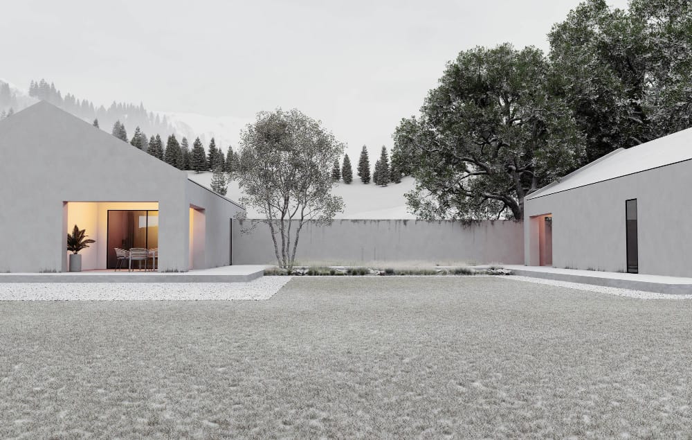 Modern laneway house with a landscaped courtyard